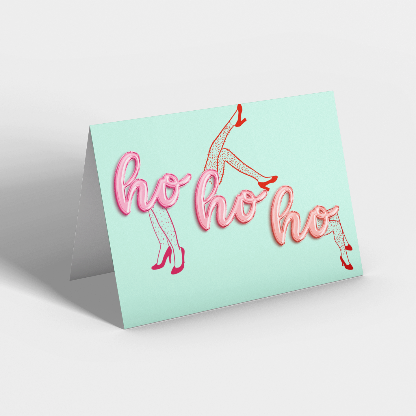 Greeting card with 'ho ho ho' text and Christmas-themed illustrations on a light green background.