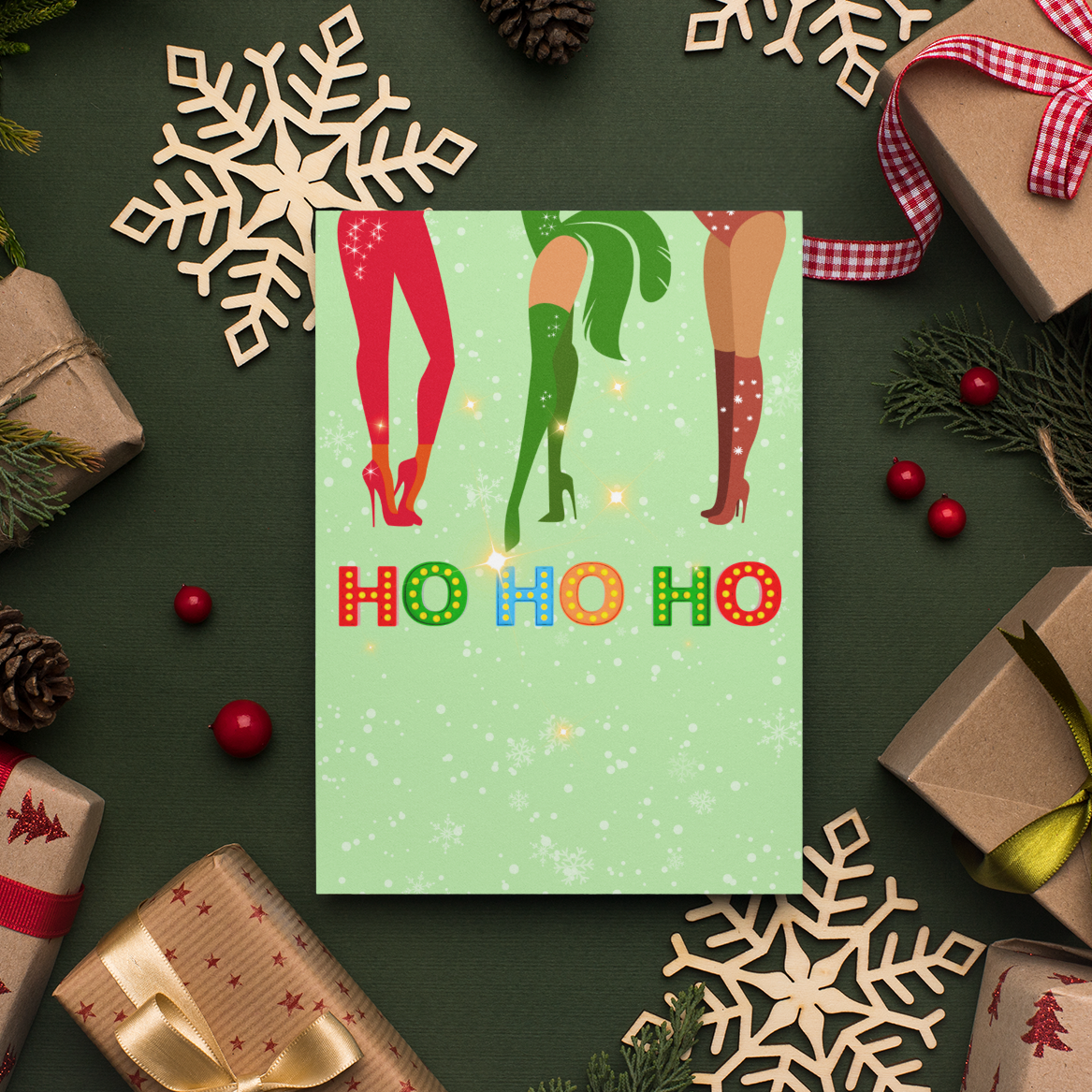 Christmas card with green background and red text surrounded by gift boxes and decorative items on a dark green background.