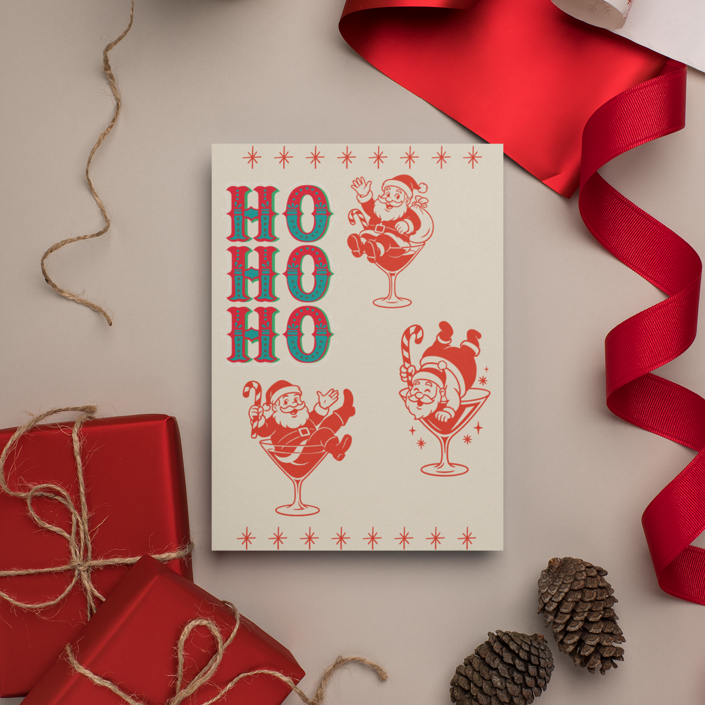 Christmas card with Santa Claus and 'HO HO HO' text surrounded by red ribbons and gifts on a beige background