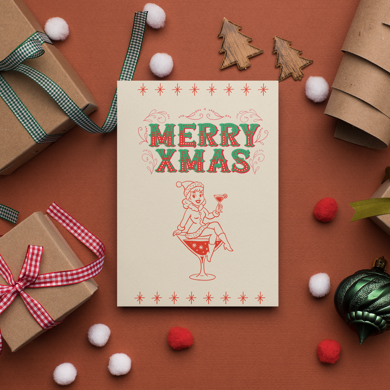 Christmas card with decorative ribbons, gift boxes, and ornaments on a brown background
