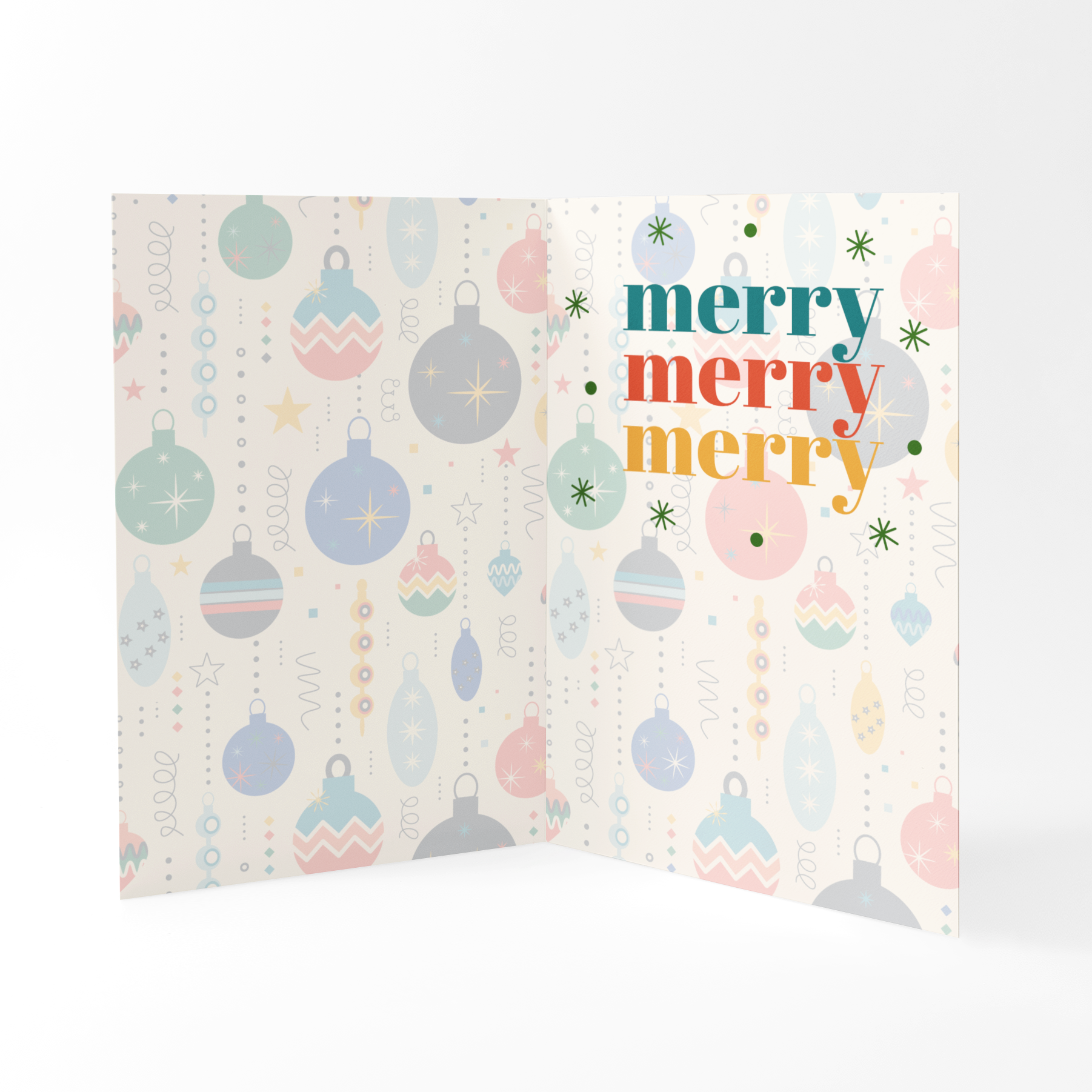 Decorative paper with Christmas ornament pattern and 'merry' text on a white background