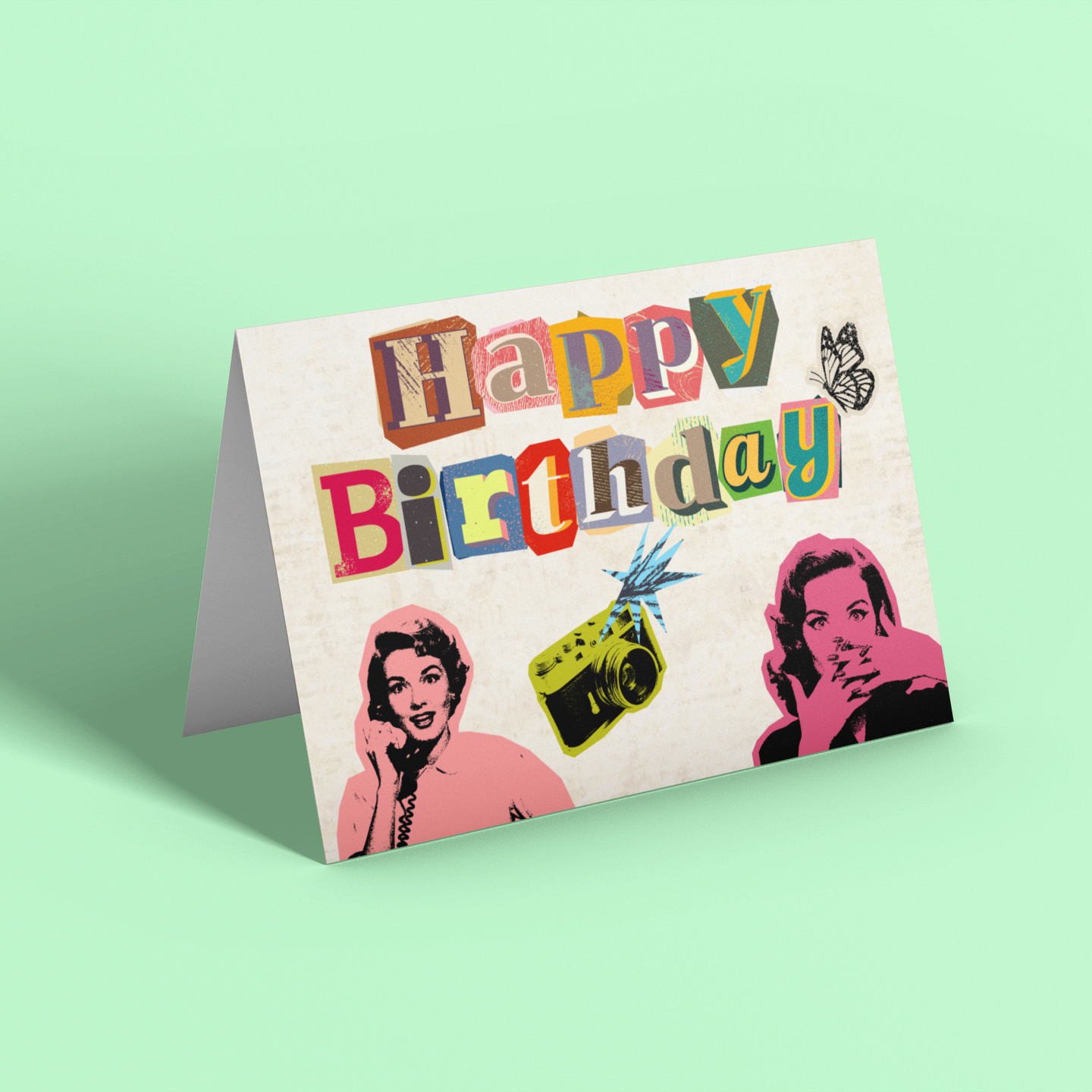 Birthday card with colorful text and illustrations on a light green background