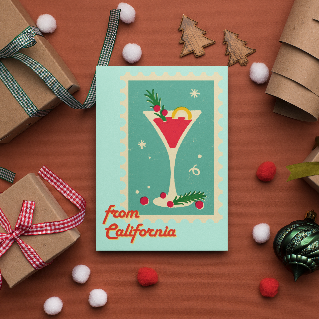 Holiday card with a cocktail illustration surrounded by gift boxes and Christmas decorations on a brown background