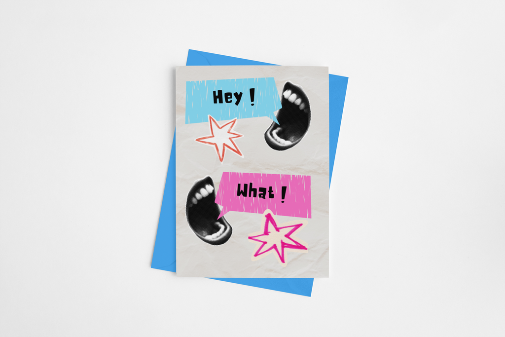 Card with text 'Hey!' and 'What!' on a blue background