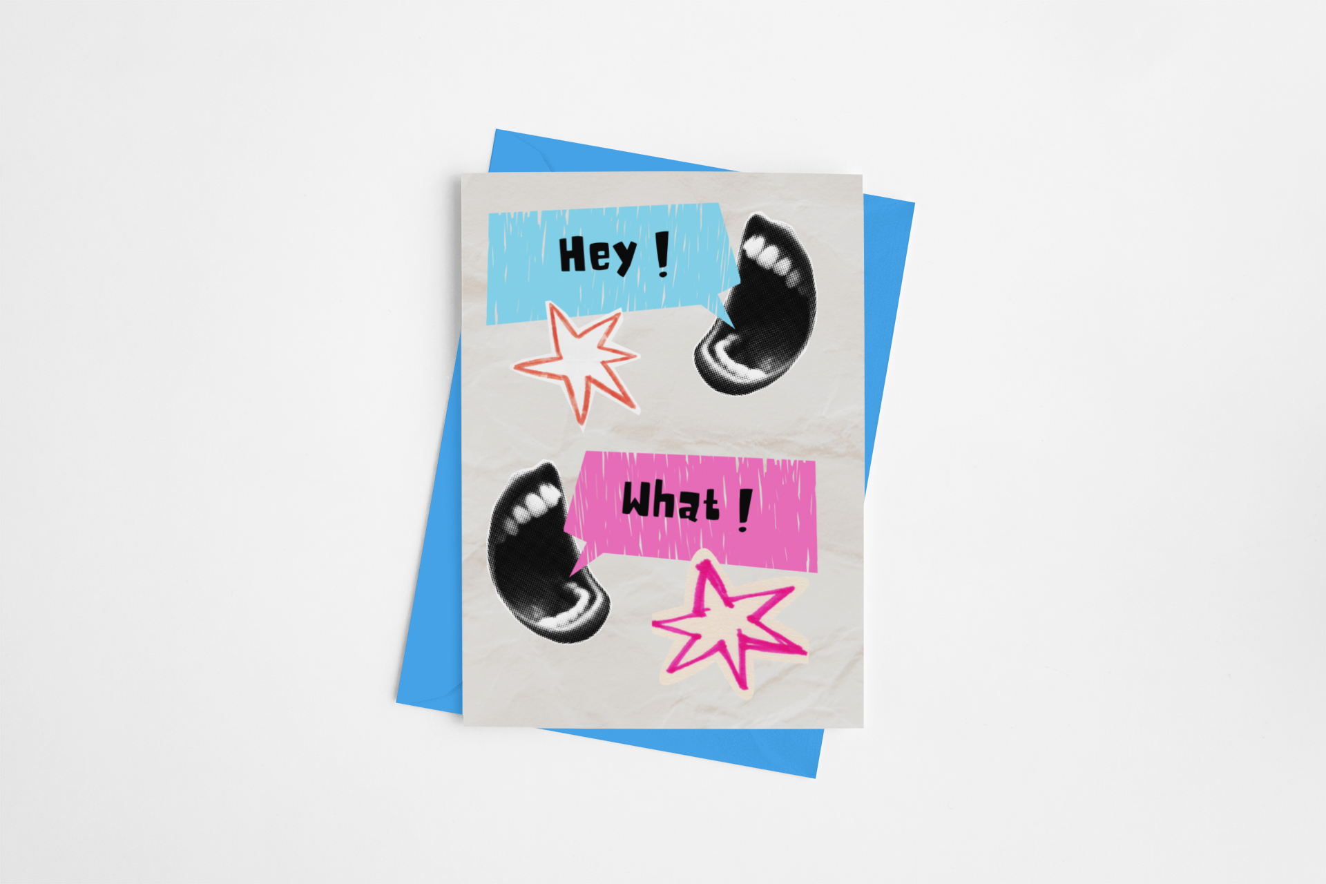 Card with text 'Hey!' and 'What!' on a blue background